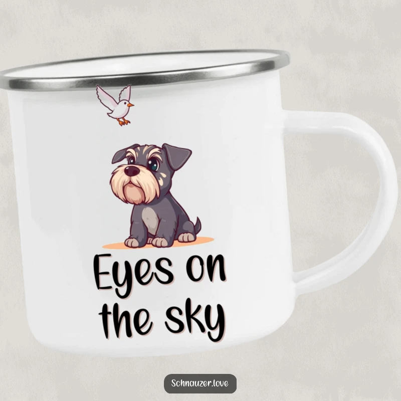 Funny Schnauzer Camping Mug: Wide-eyed schnauzer watches a bird overhead, a humorous and durable cup for active people.