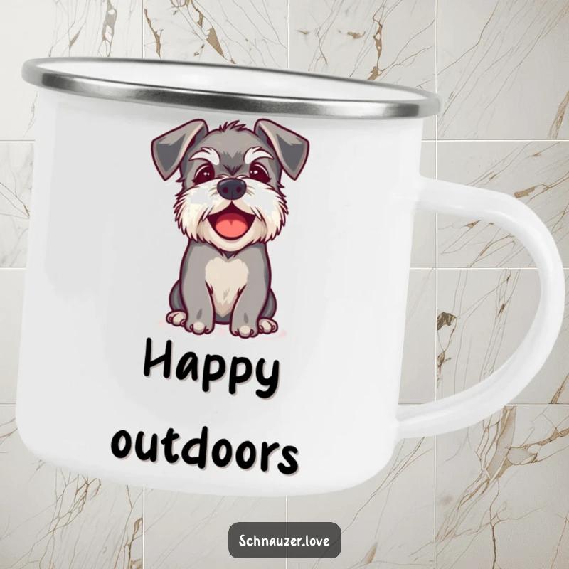 Funny camping mug showing a schnauzer with floppy ears barking happily, ideal for outdoor enthusiasts who love dogs.