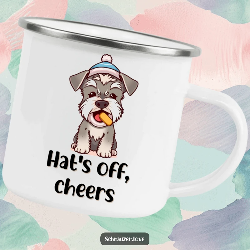 Funny Schnauzer camping mug, a cute dog in a tiny hat begging for a treat, humorous and durable outdoor drinkware.