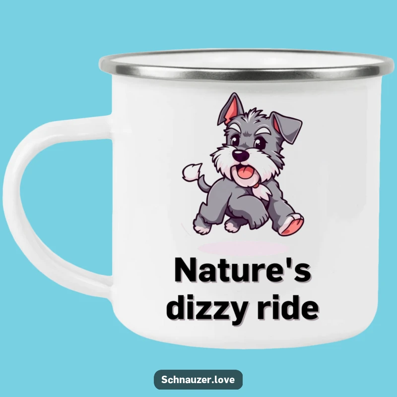 Funny Schnauzer Tail Camping Mug: Rugged Playful Dog Chasing Tail, Durable Humorous Pet Gift