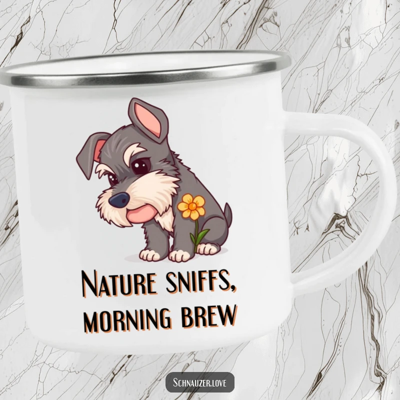 Funny Schnauzer Camping Mug showcasing a curious dog sniffing a flower, perfect for enjoying drinks outdoors with a sense of wonder.