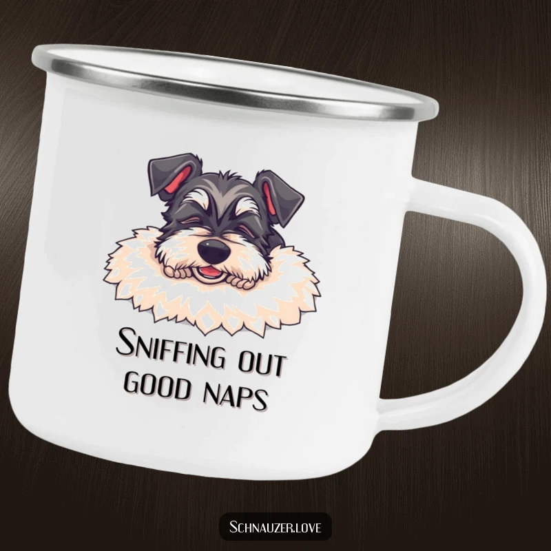 Funny Schnauzer Camping Mug: A happy schnauzer dog sleeps soundly on a rug, a humorous and durable cup for adventures.