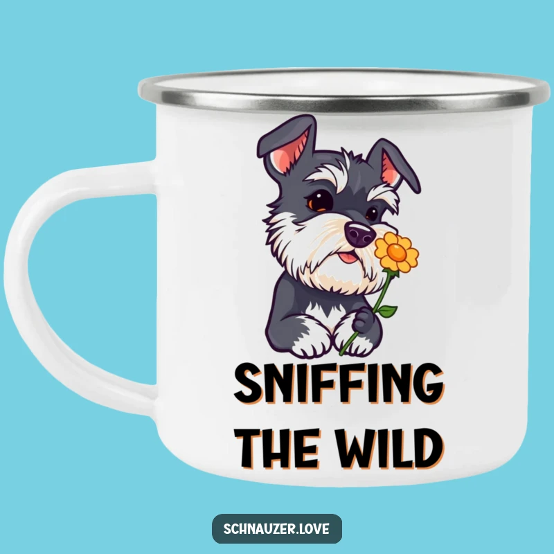 Funny Schnauzer Curiosity Camping Mug - Head Tilt Flower Sniffing