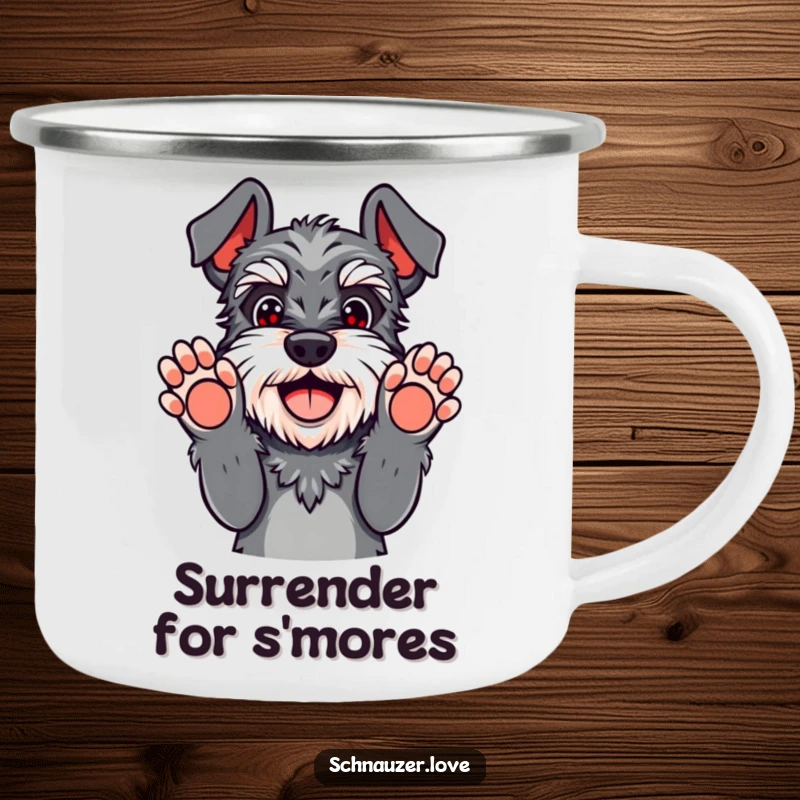 Funny schnauzer camping mug with paws up in playful surrender, a happy dog giving up hilariously, for outdoor lovers.
