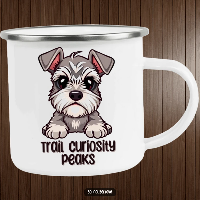 Funny Camping Mug showcasing a cute schnauzer with prominent eyebrows, head tilted in curiosity, built for outdoor pondering.