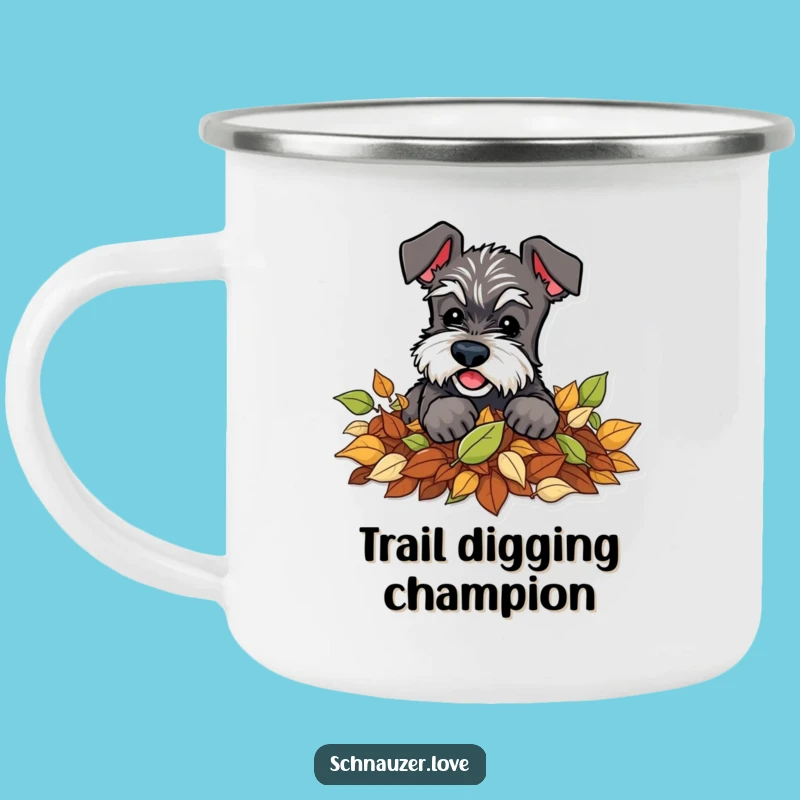 Funny Schnauzer Leaves Camping Mug: Playful Digging Dog, Outdoor Autumn Gift