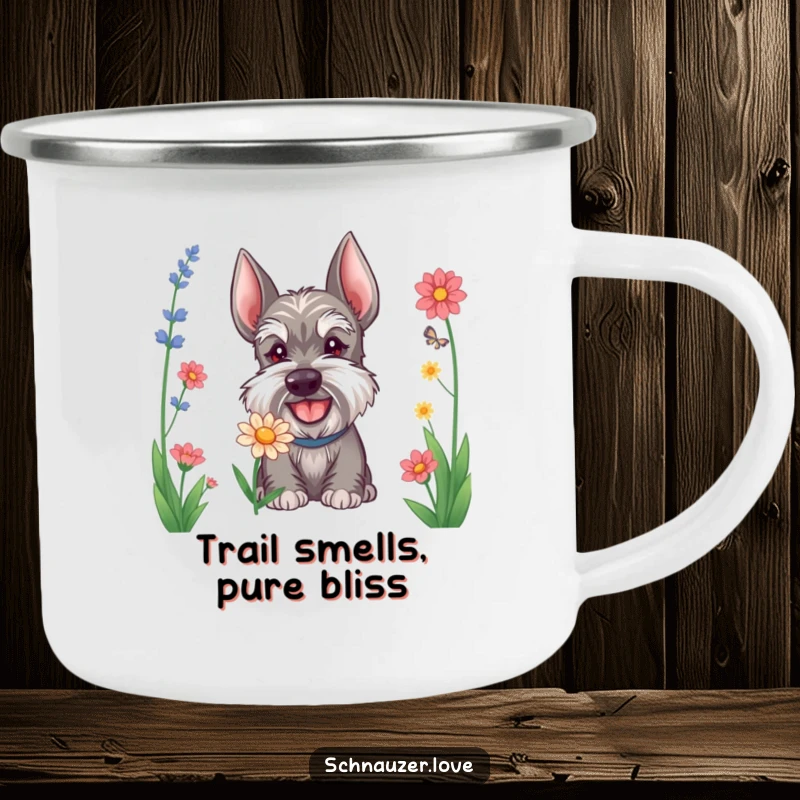 Funny Schnauzer camping mug showing a happy dog sniffing a flower, ideal for outdoor enthusiasts and humor lovers.