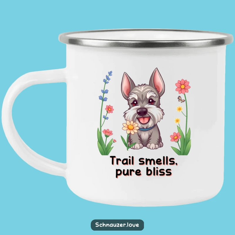 Adventure Ready Funny Schnauzer Flower Sniffing Camping Mug: Your Hilarious Trail Companion