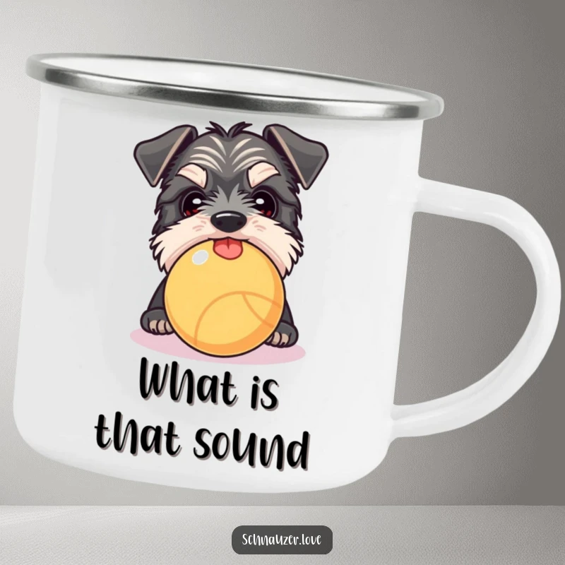Funny Schnauzer camping mug showing a dog peeking over a ball with tongue out, perfect for outdoor enthusiasts.