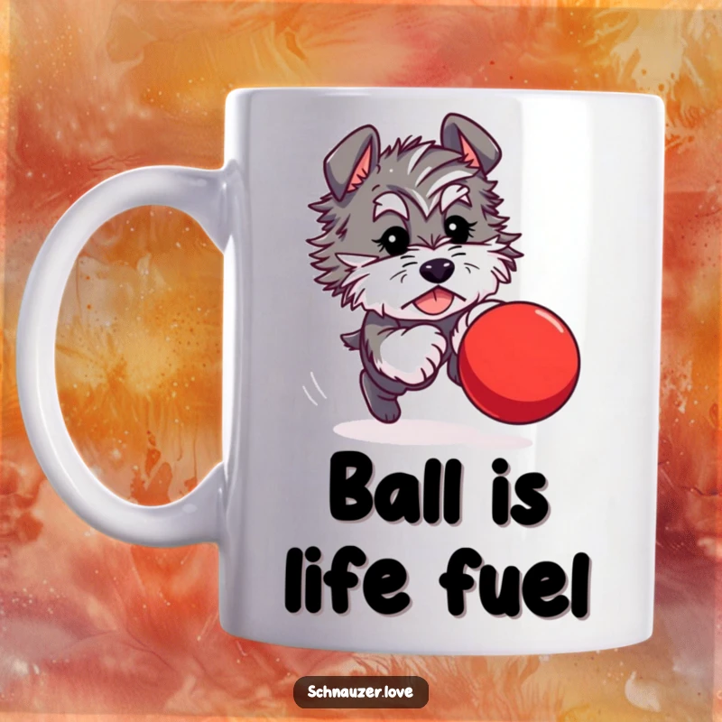Funny mug showing a fluffy schnauzer character joyfully chasing a bright red, bouncing ball with focused determination.