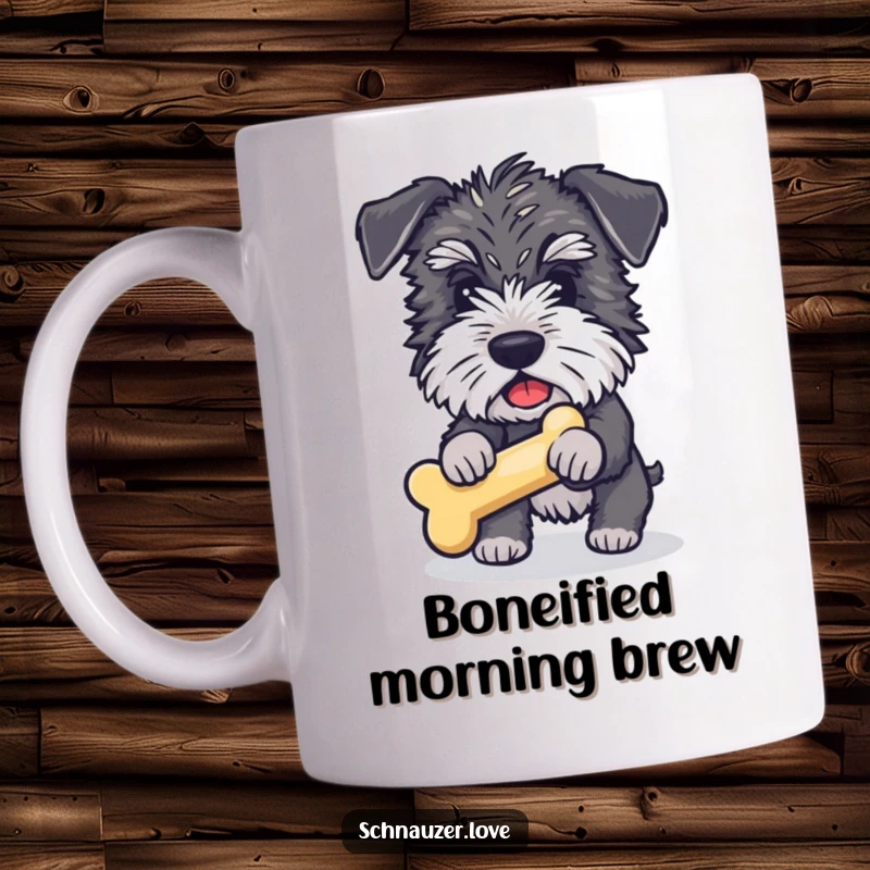 Funny Schnauzer Mug: Enthusiastic fluffy schnauzer leaping to catch a squeaky bone toy, pure joy and humor.