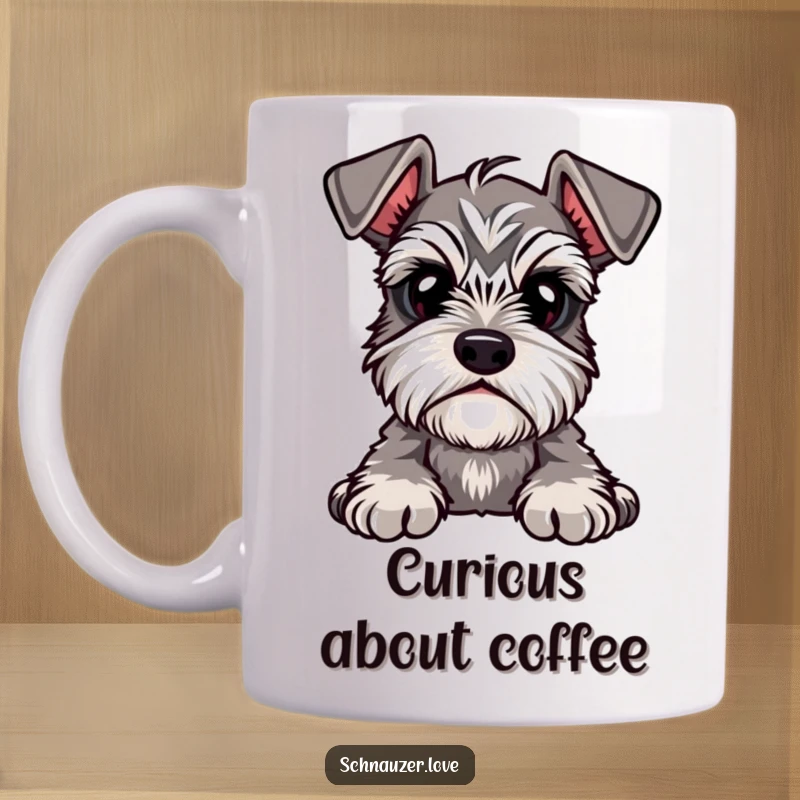 Funny Mug showcasing a cute schnauzer with prominent eyebrows tilting its head, conveying adorable curiosity and questioning.