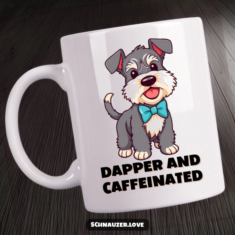 Funny Schnauzer mug showing a happy dog wearing a bow tie and wagging its tail, exuding dapper charm.