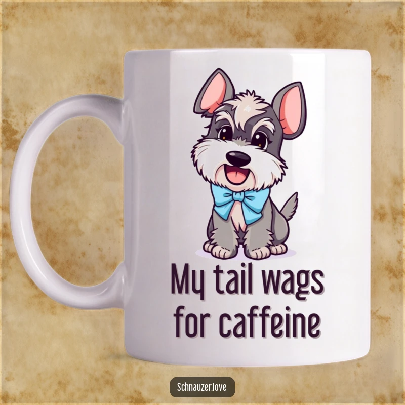 Funny Schnauzer Mug: Adorable schnauzer character joyfully wagging tail, wearing a cute bow, perfect for dog lovers.