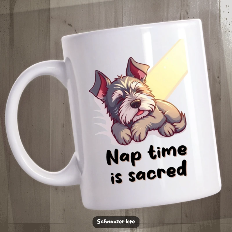 Funny Schnauzer Mug: A contented schnauzer naps peacefully in a sunbeam, embodying ultimate relaxation and sweet dreams for a great gift.