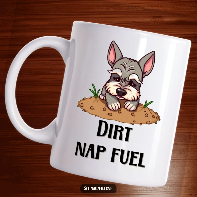 Funny Schnauzer Mug: Schnauzer with dramatic eyebrows, comically digging in dirt with a playful, mischievous expression.