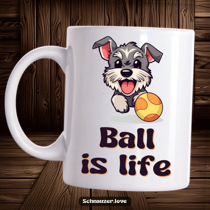 Funny schnauzer mug, a happy fluffy dog with its tongue lolling out, mid-sprint chasing a bright red bouncy ball.