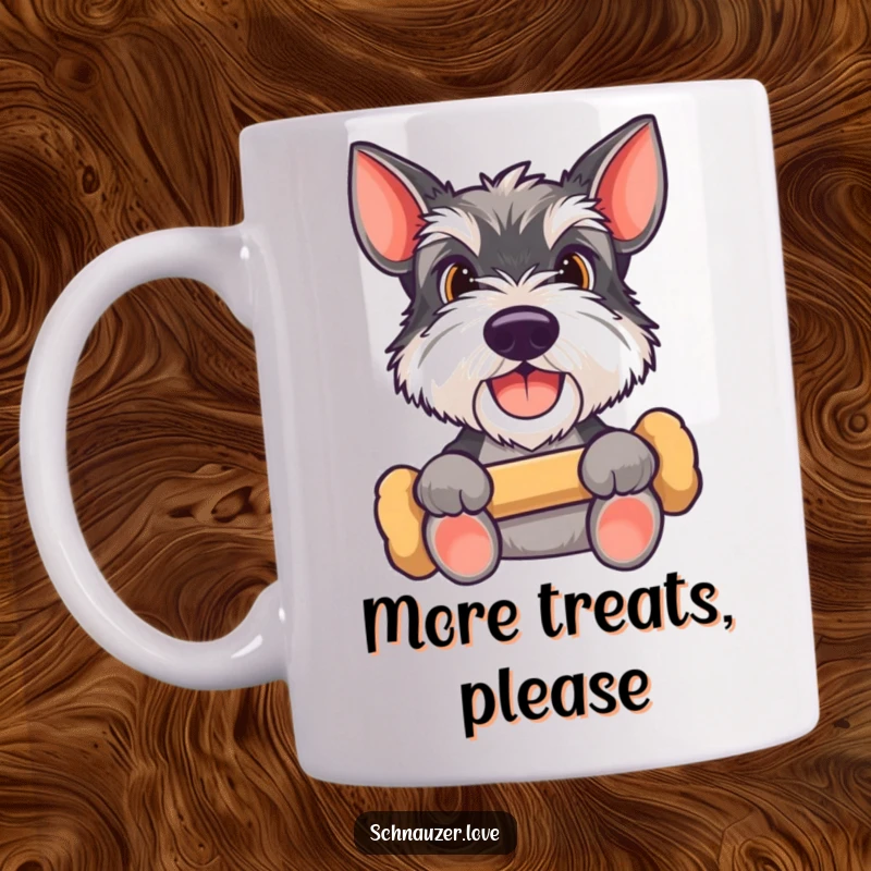 Funny Schnauzer mug showcasing a happy dog holding a bone, looking up expectantly, embodying canine anticipation and desire for a treat.