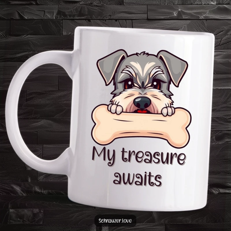 Funny Schnauzer mug showing a cute schnauzer peeking over a large bone, craving a delicious treat.