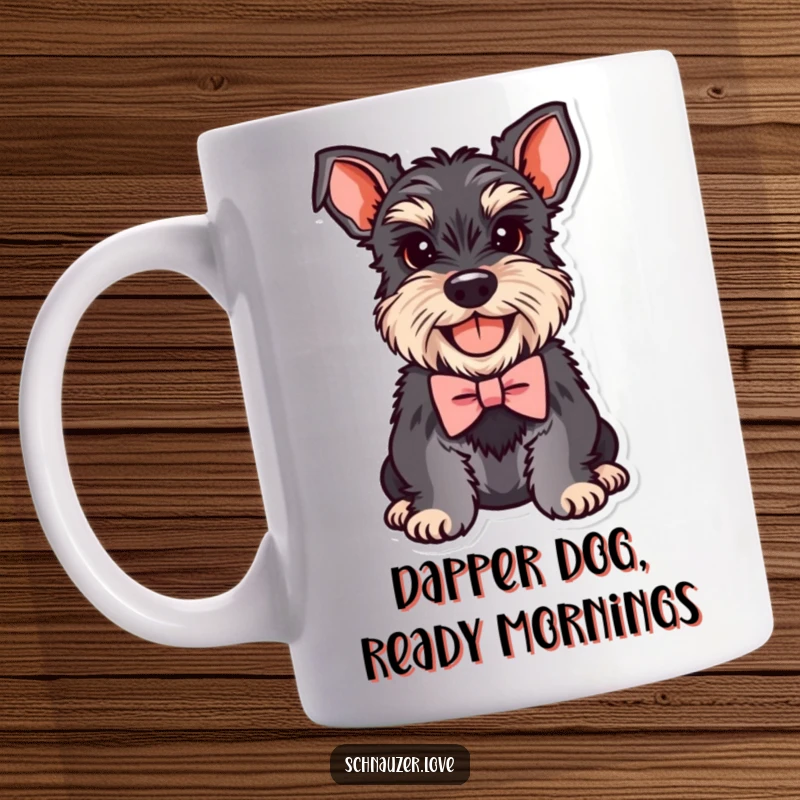 Funny Schnauzer Mug featuring a smiling dog wearing a tiny, dapper bowtie, radiating joy and sophistication.
