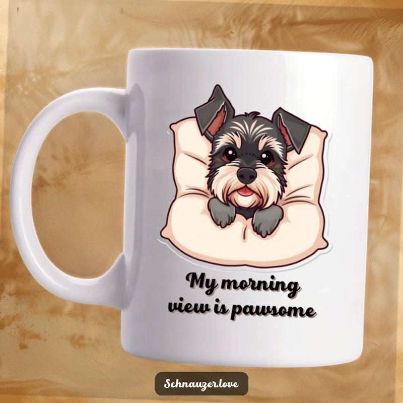 Funny Schnauzer Mug: A sneaky schnauzer with a curious expression peeks from behind a plush cushion, ready to surprise. A humorous gift for dog enthusiasts.