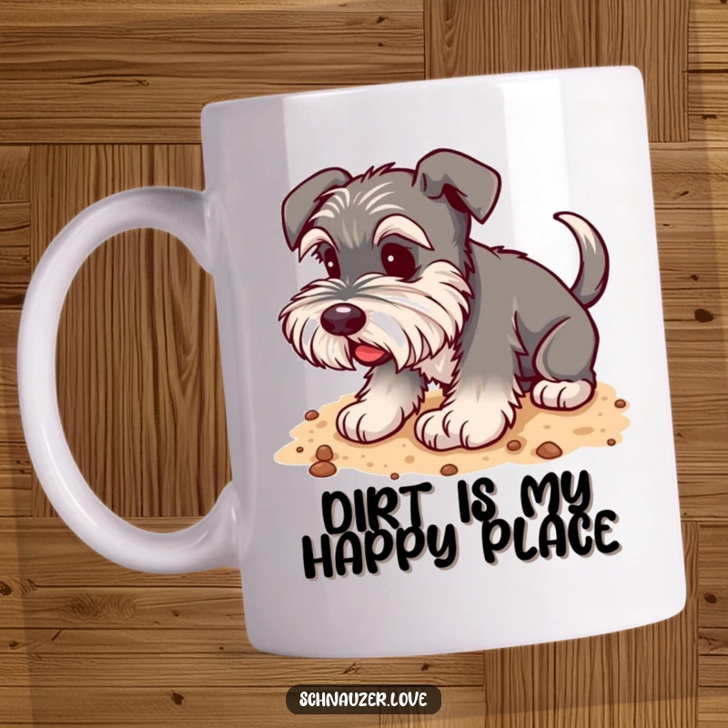 Funny Schnauzer Mug: A happy schnauzer with a wagging tail joyfully digging in loose, soft soil with enthusiasm.