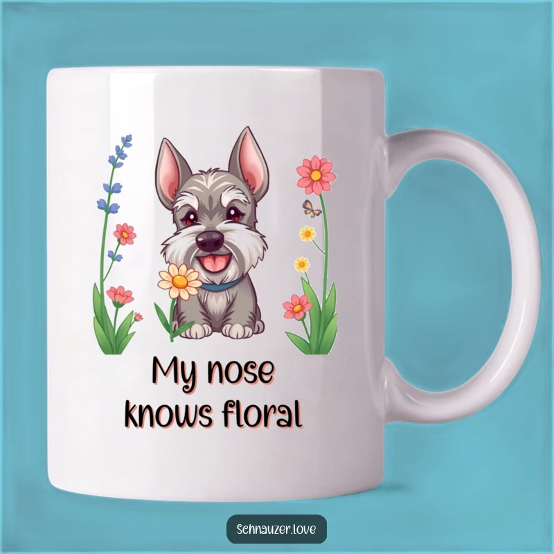 Funny Schnauzer Flower Sniffing Mug: A Joyful Dog's Delightful, Hilarious Gift