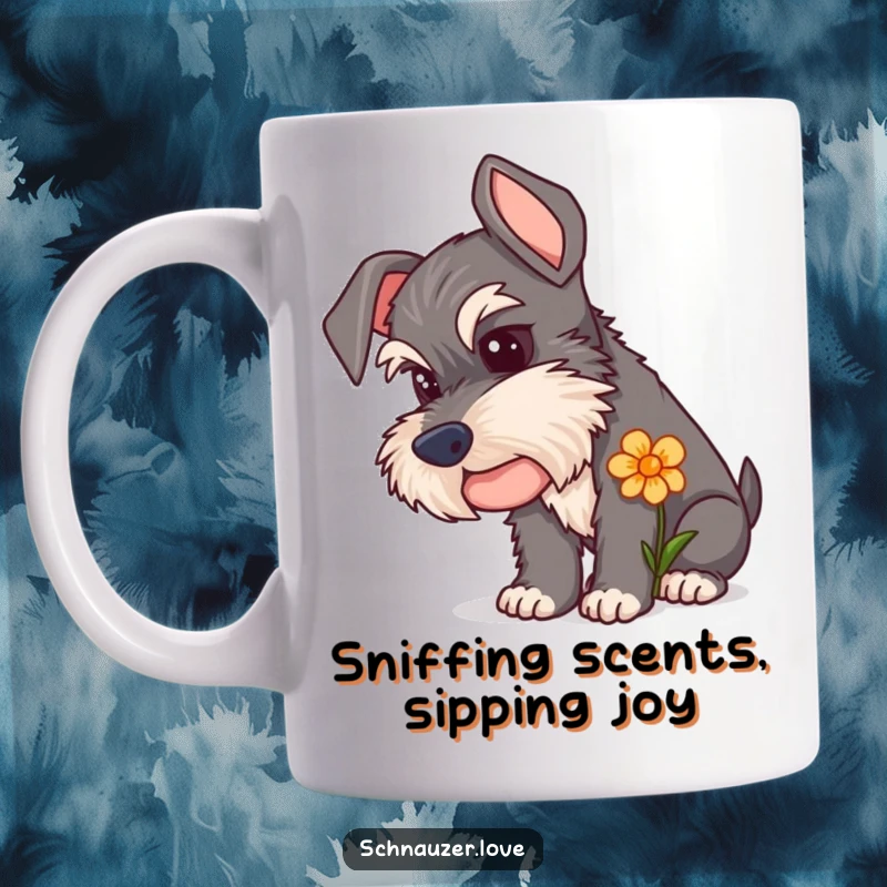 Funny Schnauzer Mug showing a curious dog gently sniffing a colorful flower, capturing a moment of quiet exploration.