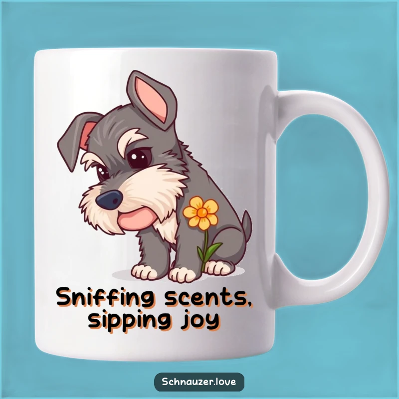 Funny Schnauzer Flower Sniffing Mug: Curious Pup's Delight, Perfect Funny Gift