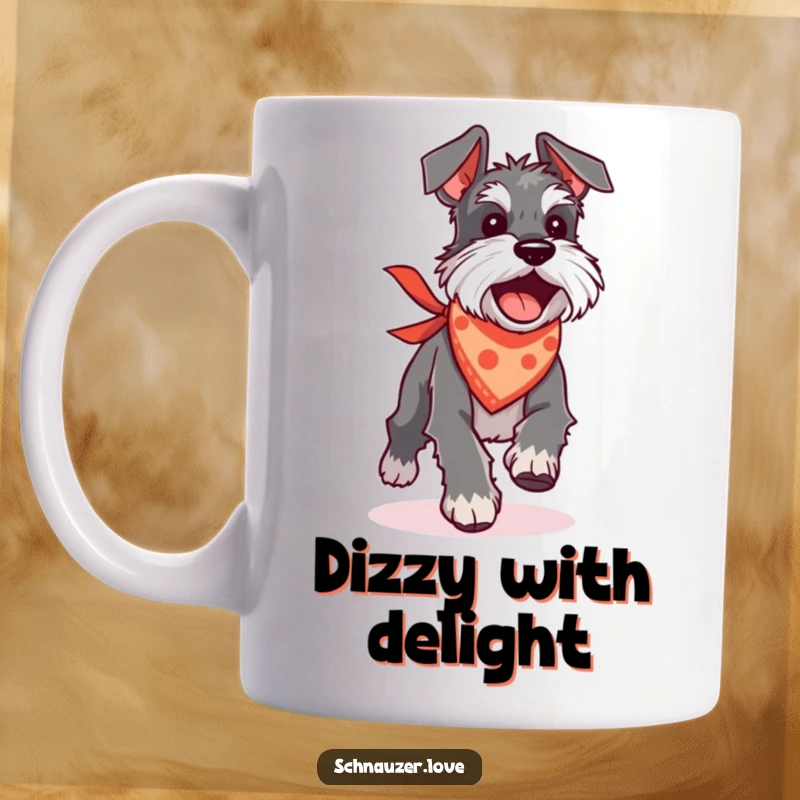 Funny Schnauzer mug showing a silly dog wearing a bandana, excitedly chasing its tail in a playful loop.