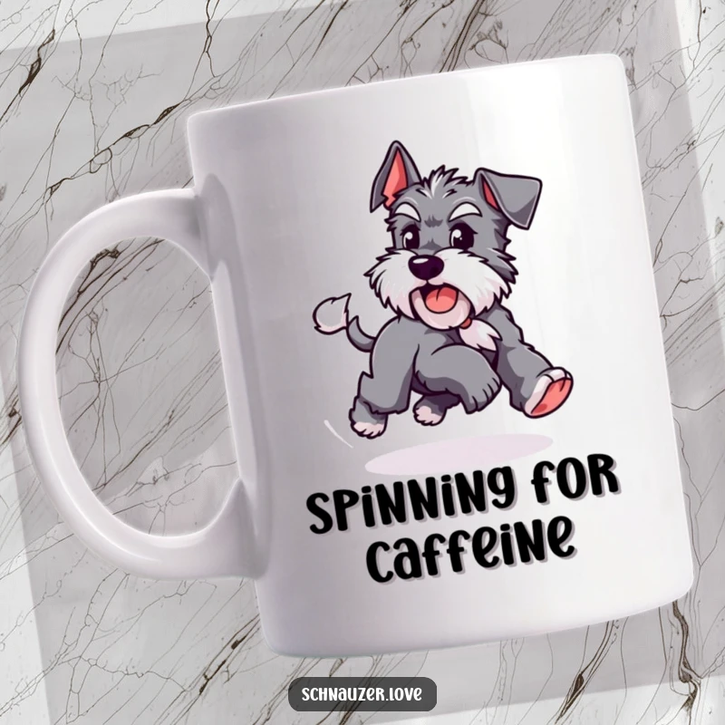 Funny Schnauzer mug showcasing a playful dog in a comical circle chasing its tail, embodying canine energy and lighthearted fun.