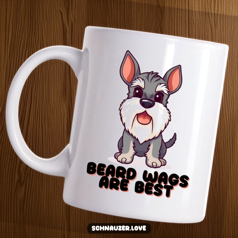 Funny Mug featuring a stylized schnauzer with a perky beard excitedly wagging its tail, embodying pure doggy happiness.