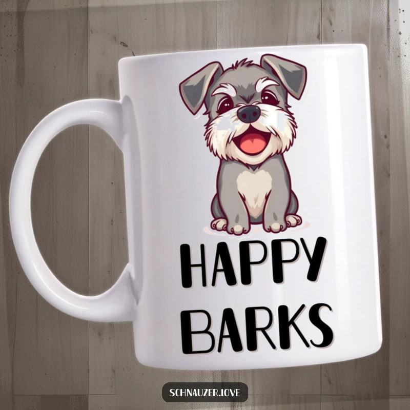 Funny mug showing a schnauzer with adorable floppy ears barking happily, capturing a moment of pure canine delight and infectious enthusiasm.
