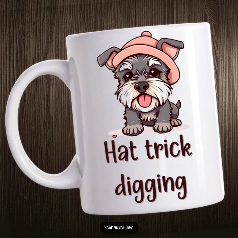 Funny mug showing a schnauzer in a tiny hat enthusiastically digging a hole, capturing a moment of pure, comical dedication.