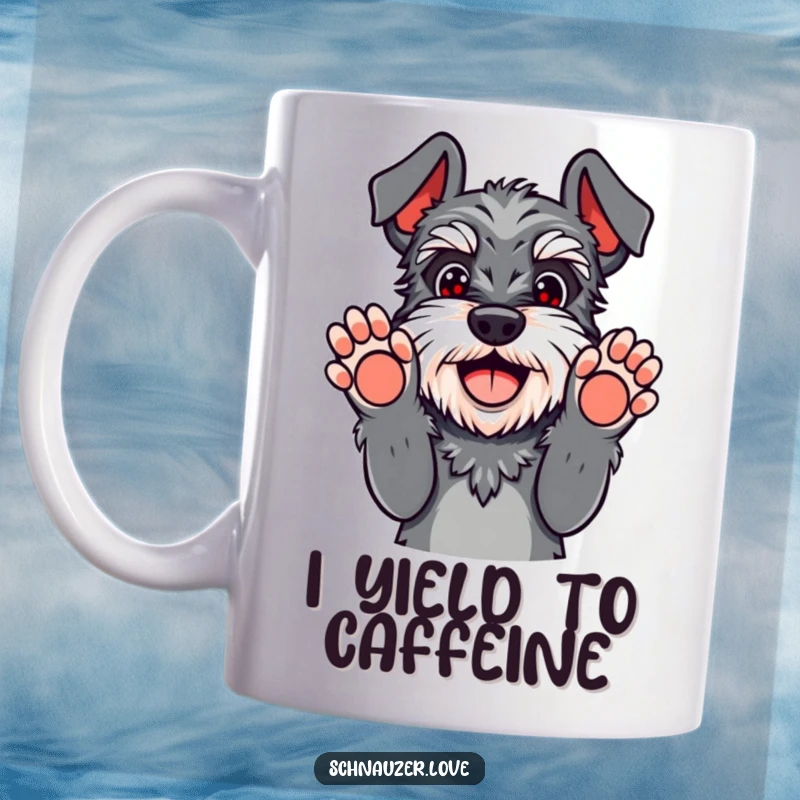 Funny schnauzer mug with paws up in playful surrender, a happy dog giving up hilariously, perfect for dog lovers.