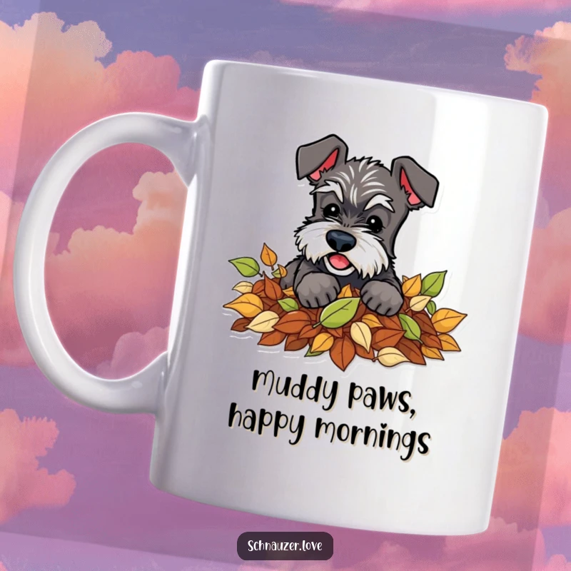 Funny Schnauzer Mug: A schnauzer character enthusiastically digging in a pile of colorful autumn leaves, capturing pure joy.
