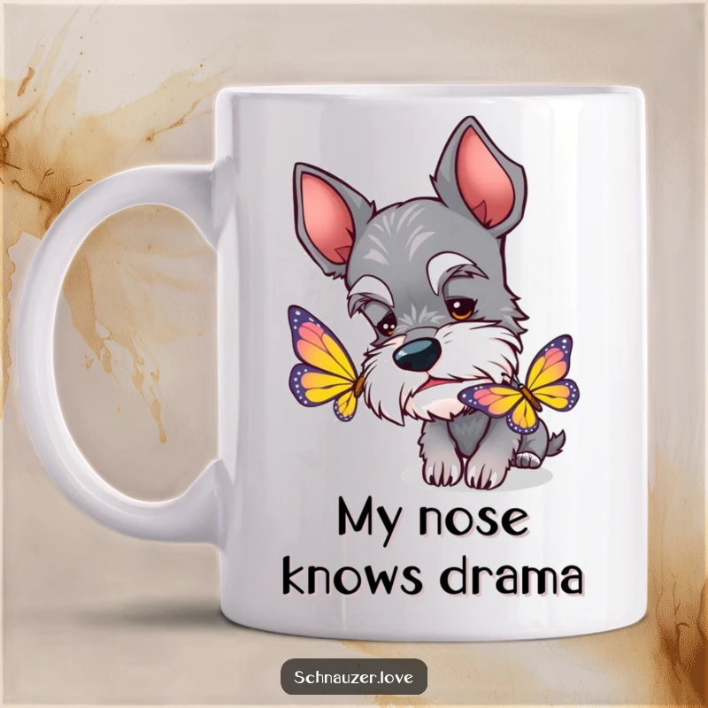 Funny Schnauzer Mug: Curious schnauzer with perked ears sniffing a vibrant butterfly, a delightful scene for dog lovers.