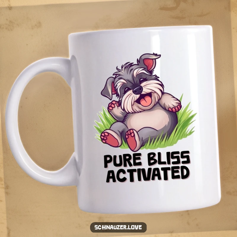 Funny Schnauzer Mug showing a delighted dog blissfully rolling on its back in lush green grass, expressing pure happiness.