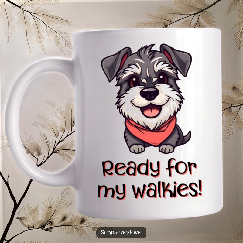 Funny Schnauzer Mug: A smiling dog in a bandana, ready for adventure, perfect gift for dog moms and dads.