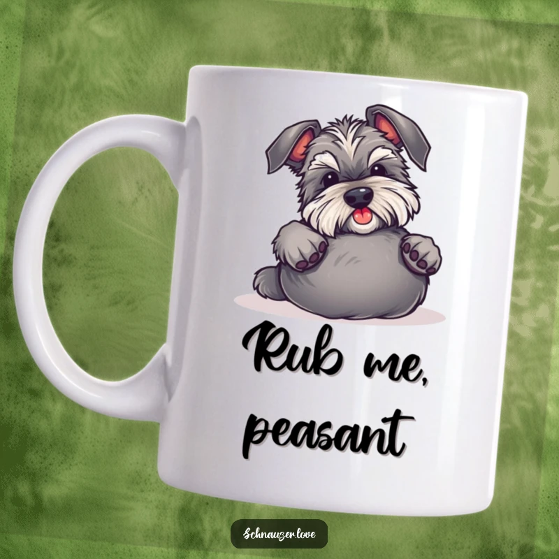 Funny Schnauzer Mug shows a happy dog rolling over, paws in the air, begging for belly rubs, a perfect gift for dog lovers.