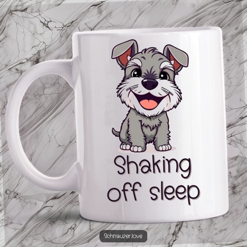 Funny Mug: A schnauzer with a wide, happy grin is shaking its entire body, radiating pure, unadulterated joy and silliness.