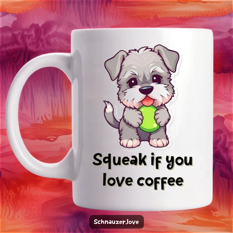 Funny Schnauzer mug showcasing a fluffy dog with a wagging tail, joyfully holding a squeaky toy, embodying canine happiness and playfulness.