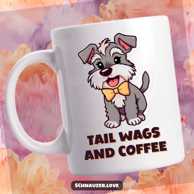 Funny Schnauzer Mug: A happy schnauzer character wearing a bow, wagging its tail with pure excitement, perfect for dog lovers.