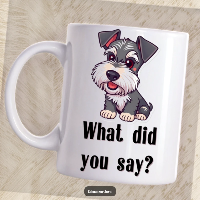 Funny Schnauzer Mug: A dog with ears perked listens intently, showing playful curiosity and focused attention.