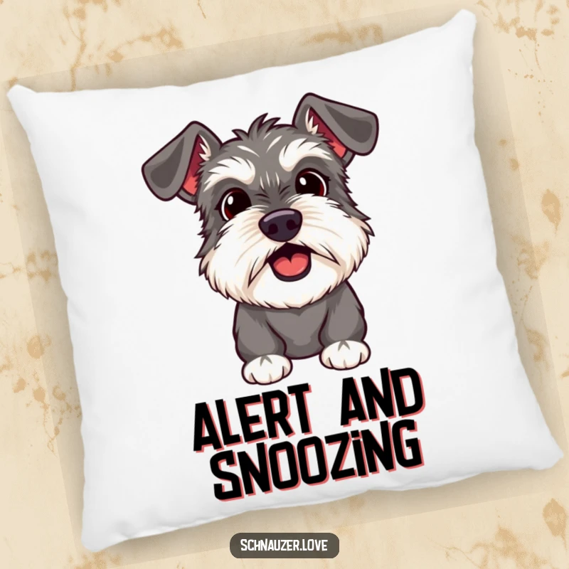 Funny Schnauzer Pillow featuring a surprised dog with its mouth slightly open, wide eyes expressing comical shock.