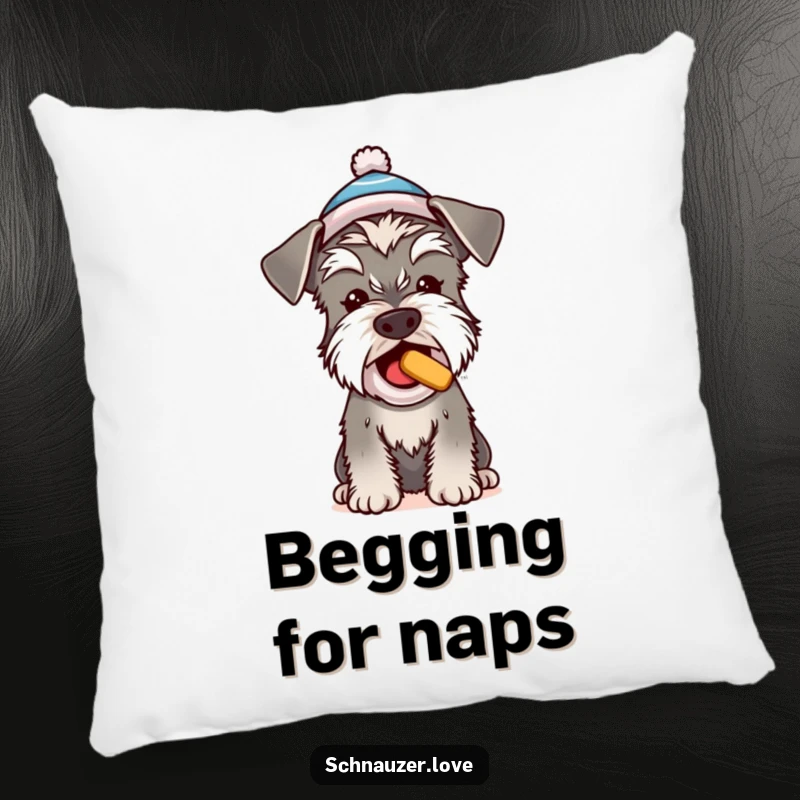 Funny Schnauzer pillow, a cute dog in a tiny hat begging for a treat, soft and humorous home decor.
