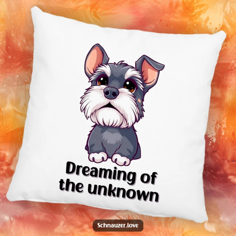 Funny schnauzer pillow, a plush cushion showcasing a fluffy dog with large, curious eyes looking upwards, embodying gentle wonder.