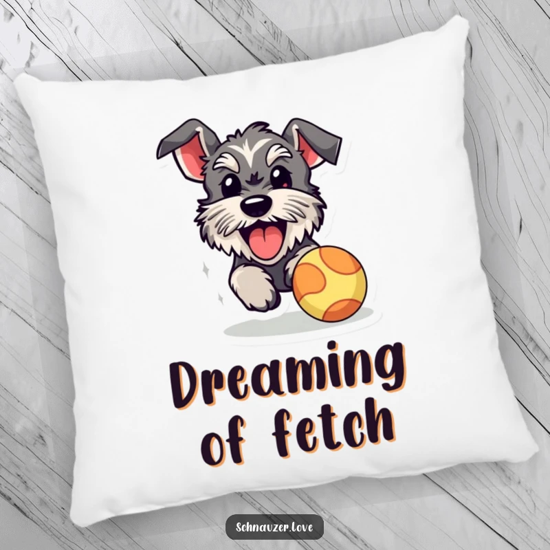 Funny schnauzer pillow, a plush cushion showing a happy dog with its tongue out, chasing a bouncy ball, embodying pure playfulness.