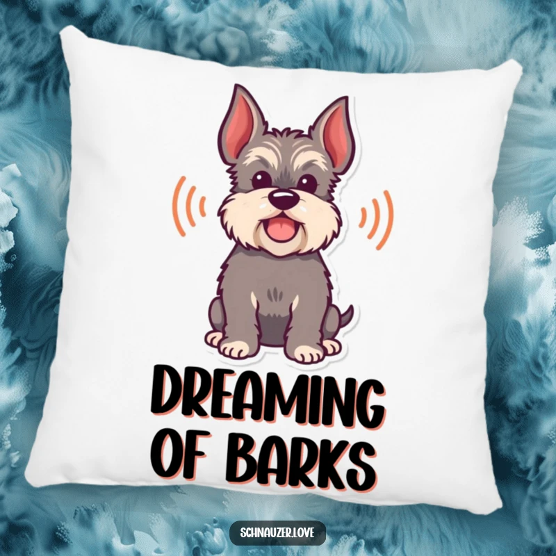 Funny Pillow showing a happy schnauzer silhouette with playful bark sound waves, adding comfort and canine charm.