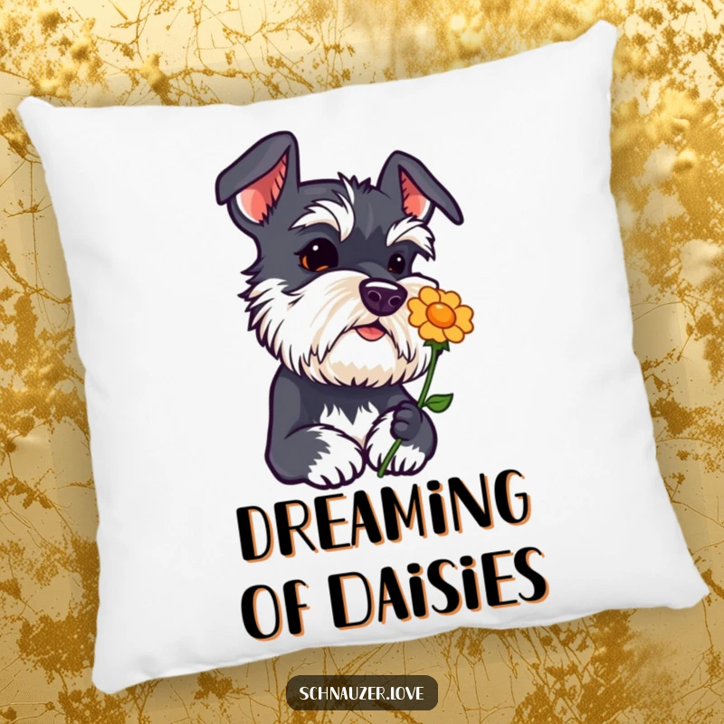 Funny schnauzer pillow with head tilted curiously sniffing a flower icon, an adorable and inquisitive dog, soft cushion.